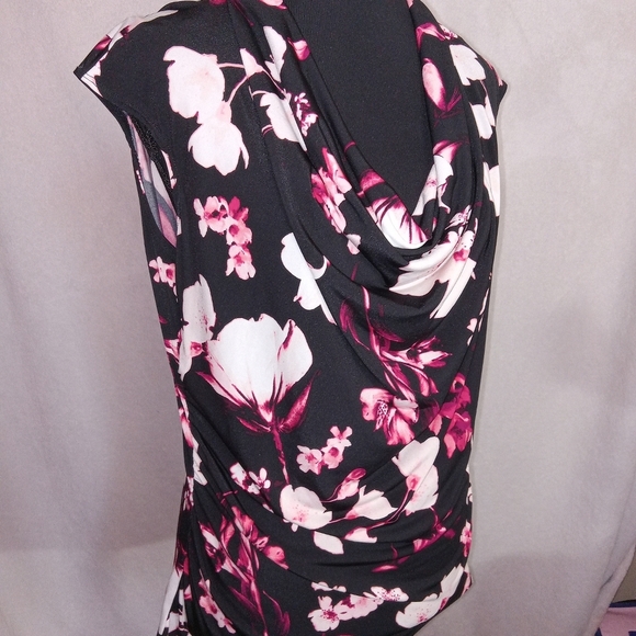 Worthington Black and Vibrant Pink Floral Blouse Cowl Neck - Picture 8 of 11